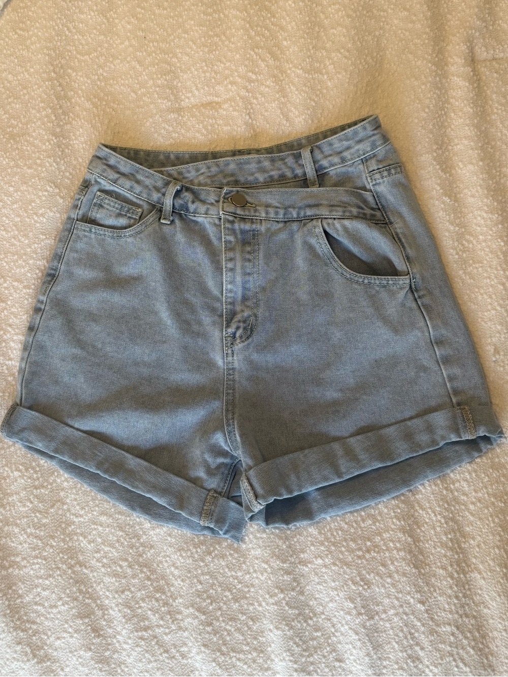 Asymmetric Light Wash High-Rise Denim Shorts
